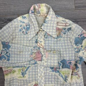 Vintage 70s Polyester Blend Button Up Scenic Houndstooth Print XS/S Made in USA